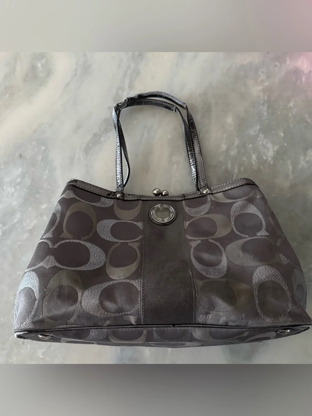 Y2K Coach Signature Kisslock Carryall Tote Bag Metallic Grey Silver Jacquard